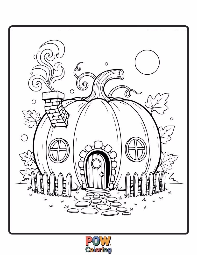 Free coloring page of A cozy pumpkin nestled inside a miniature, charming house decorated with autumn flowers.