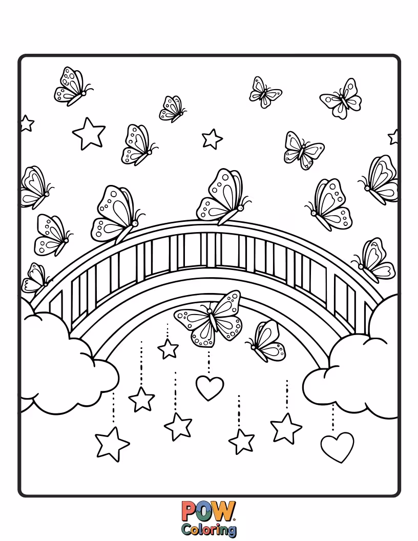Free coloring page of A hopeful butterfly with vibrant rainbow wings, crossing a shimmering rainbow bridge to a land of dreams. Magical!