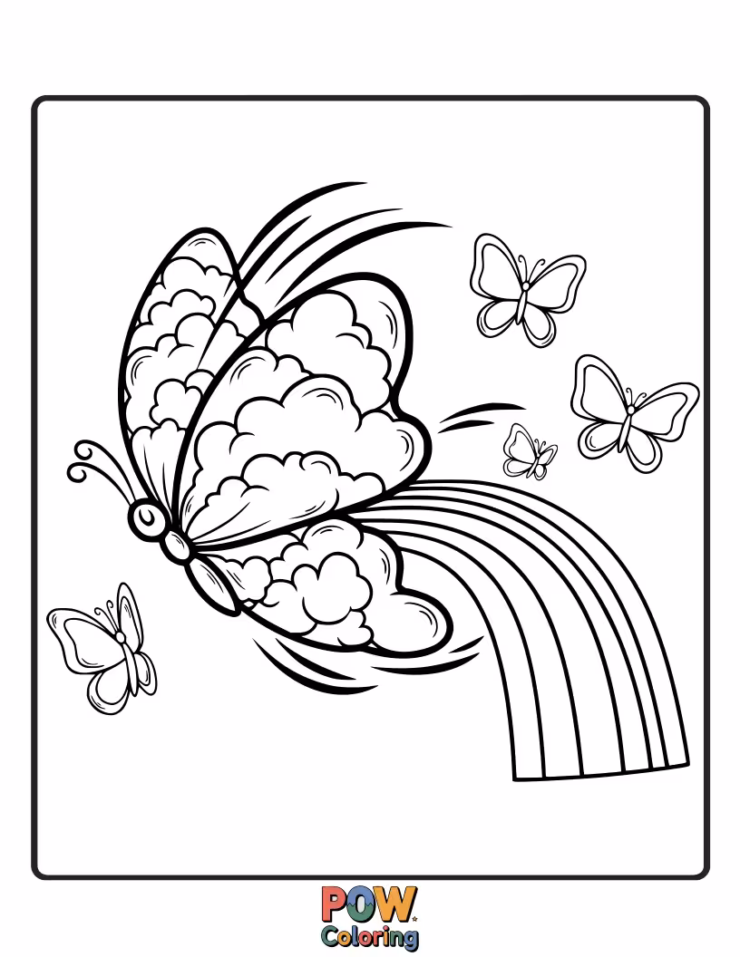 Free coloring page of A majestic butterfly with rainbow-colored wings, soaring gracefully through fluffy, cotton-candy clouds. Pure bliss.