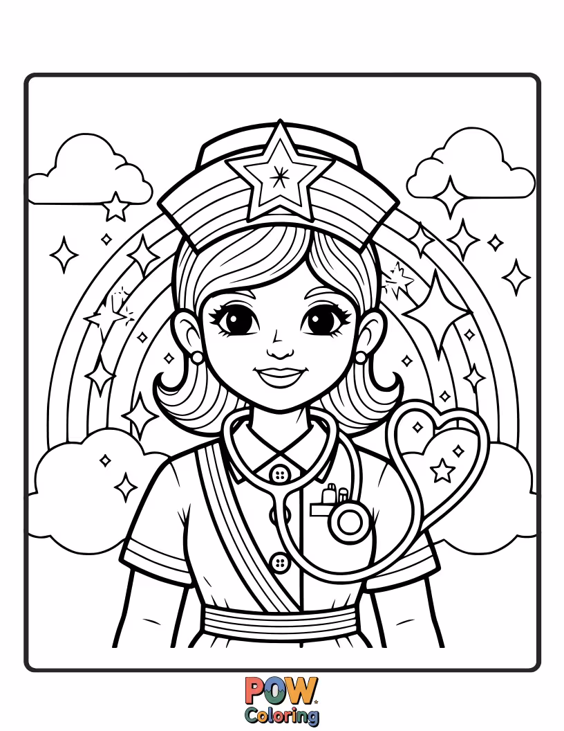 Free coloring page of A vibrant nurse with a rainbow-colored uniform, spreading joy and healing with a kaleidoscope of cheerful colors.