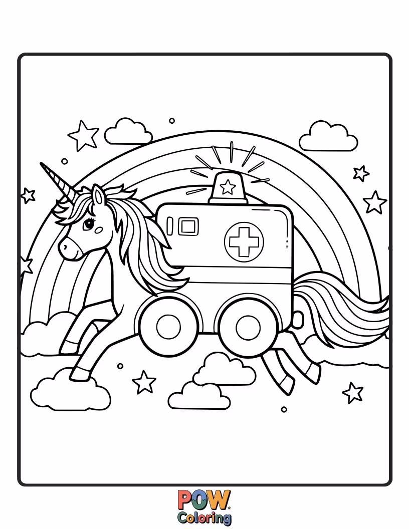Free coloring page of A magical ambulance with a unicorn horn and rainbow mane, spreading joy and healing.