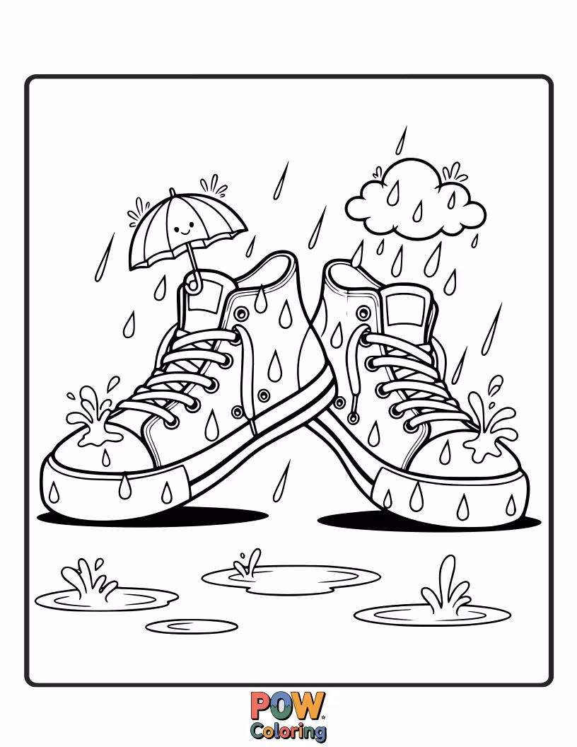 Free coloring page of Sneakers were drenched in a rain and having a cute little umbrella in it.
