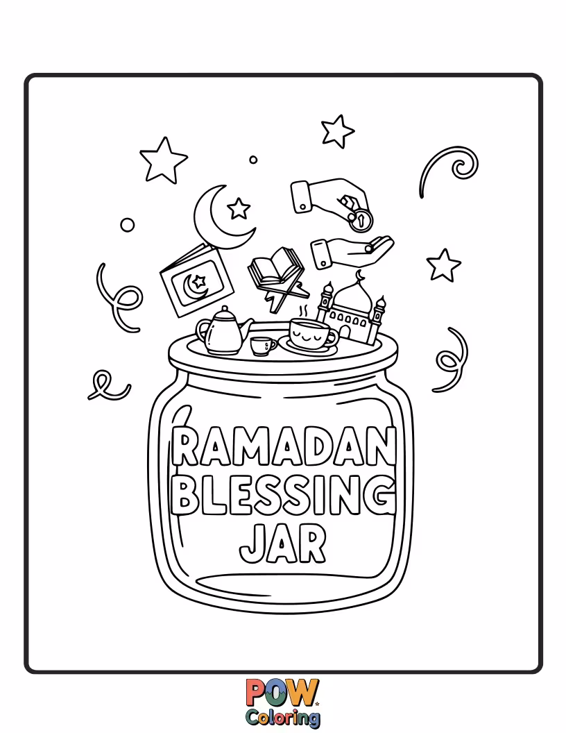 Free coloring page of A decorative jar filled with stars and messages of blessings for a happy Ramadan.