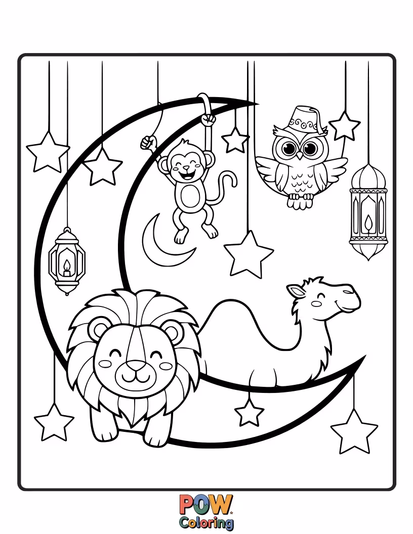 Free coloring page of Cute animals like a cat, rabbit, and bird peeking from behind a large Ramadan crescent moon.