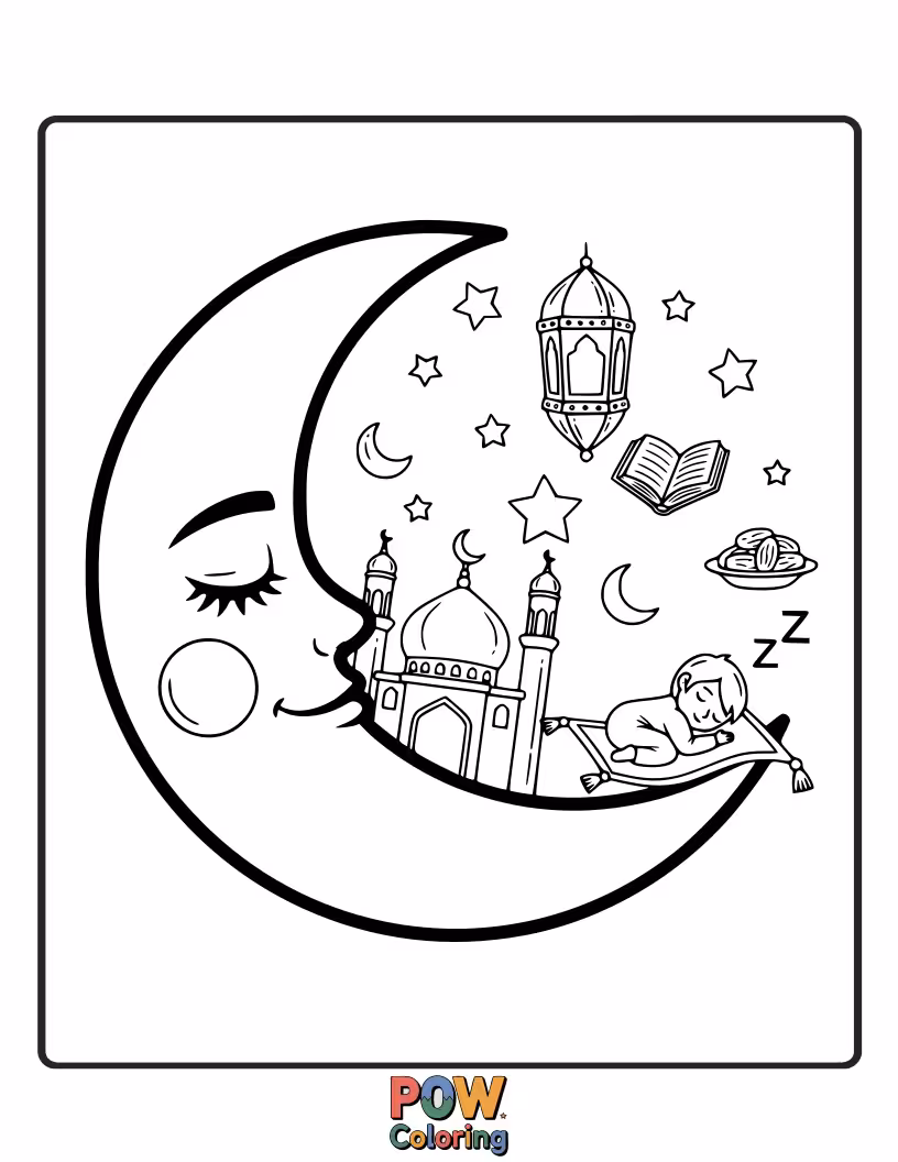 Free coloring page of A sleeping child nestled on a fluffy cloud under a gentle Ramadan crescent moon.