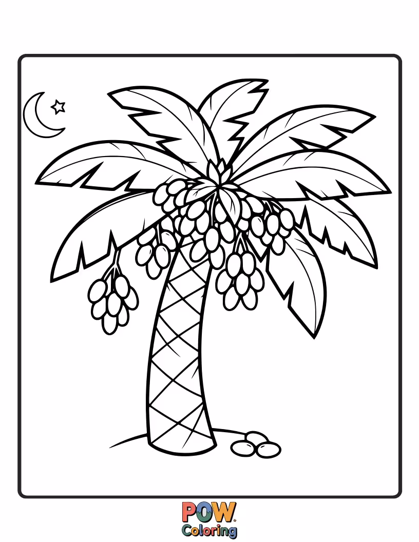 Free coloring page of A bountiful date palm tree, laden with ripe dates, a symbol of Ramadan blessings.