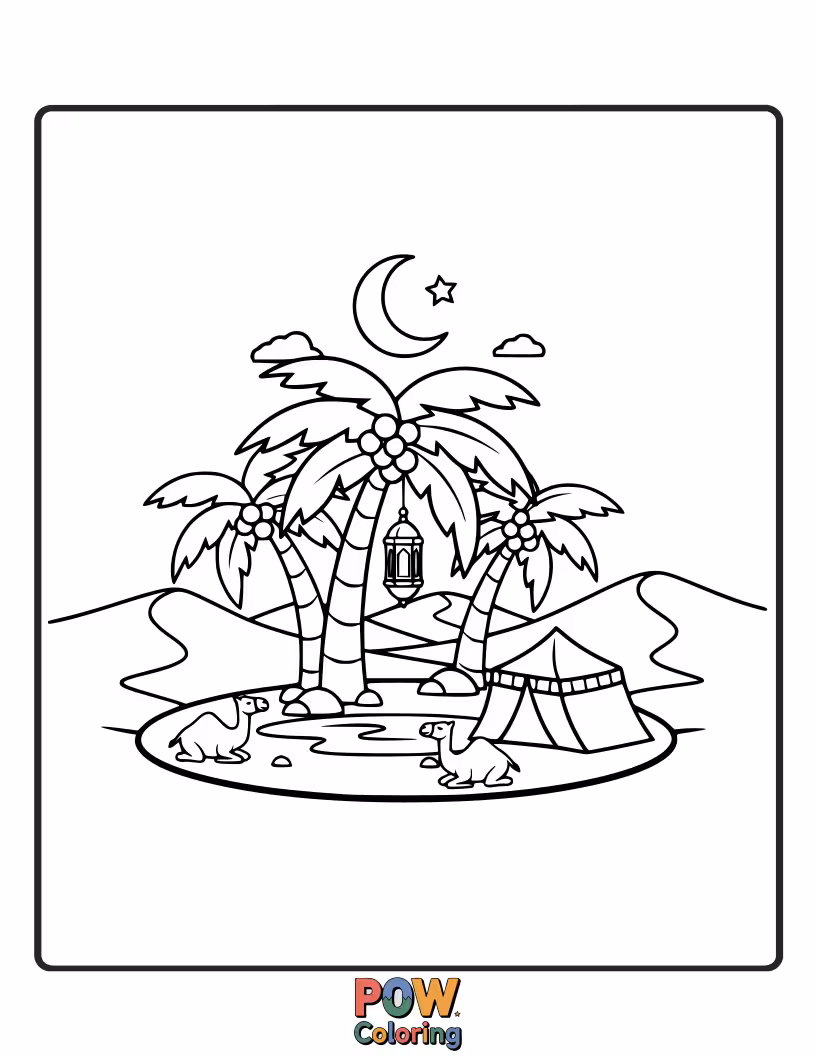 Free coloring page of A peaceful desert oasis with palm trees and a serene pool, a tranquil Ramadan scene.