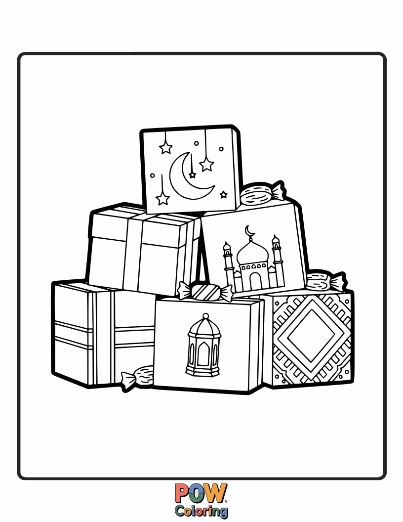 Free coloring page of A delightful pile of beautifully wrapped Ramadan gift boxes, waiting to be opened.