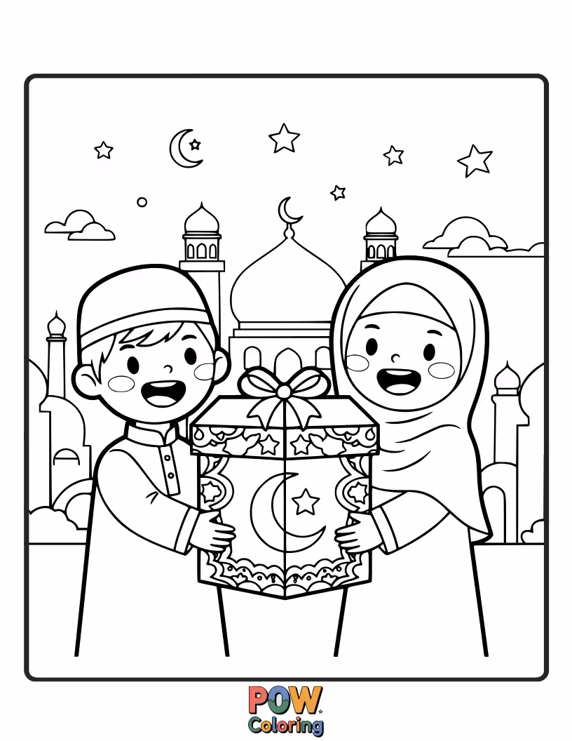 Free coloring page of Children joyfully exchanging gifts with Ramadan-themed wrapping paper, spreading cheer and generosity.