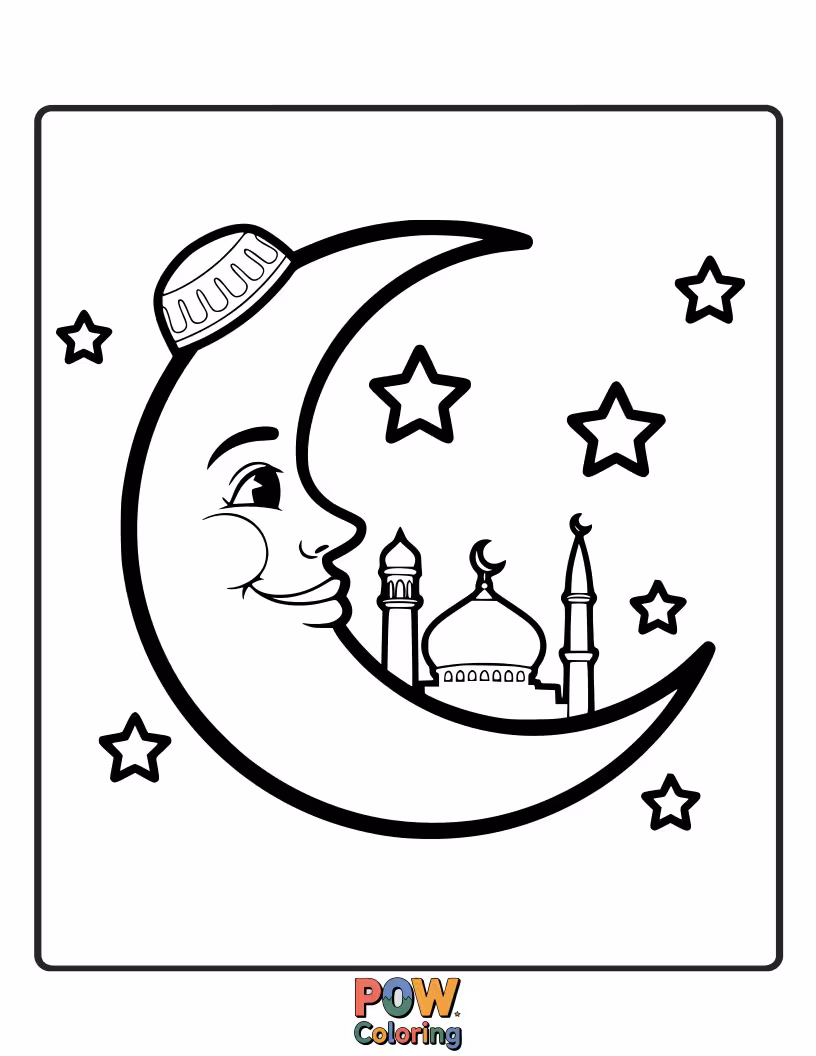 Free coloring page of A friendly crescent moon smiling over a mosque, with little stars scattered around. Perfect for little hands.