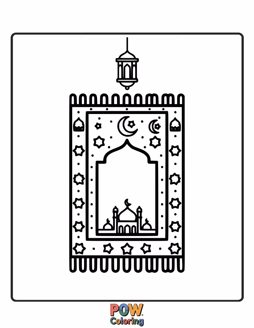 Free coloring page of A beautiful, patterned prayer rug with a gentle Islamic motif, inviting peaceful Ramadan contemplation.