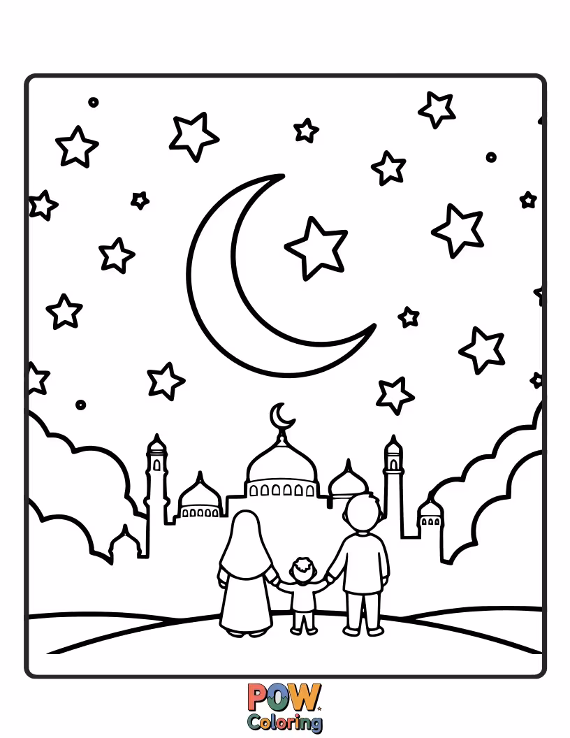 Free coloring page of A family is gazing up at a magical Ramadan night sky filled with twinkling stars and a prominent moon.