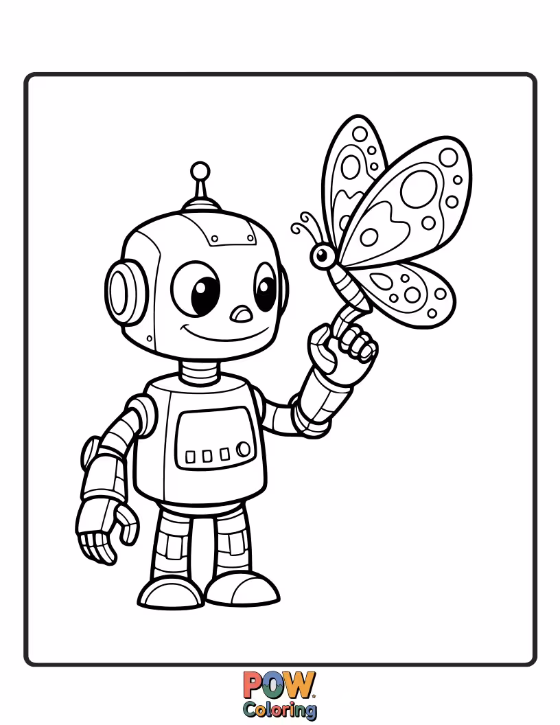 Free coloring page of A friendly robot butterfly with circuit board wings, offering a helping hand (or antennae) to a lost ladybug.