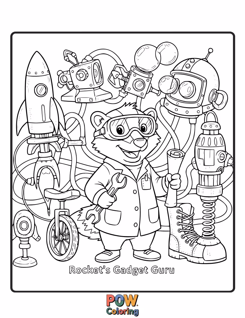 Free coloring page of Depict the quick-witted Rocket Raccoon tinkering with a complex gadget. Add wires and mechanical details.