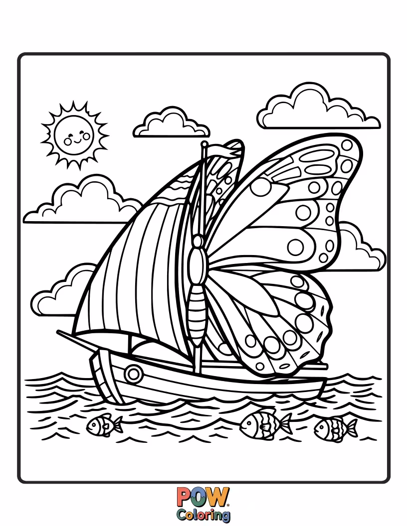 Free coloring page of A brave butterfly with sailboat wings, navigating across a calm, blue ocean under a clear sky. Adventure awaits!