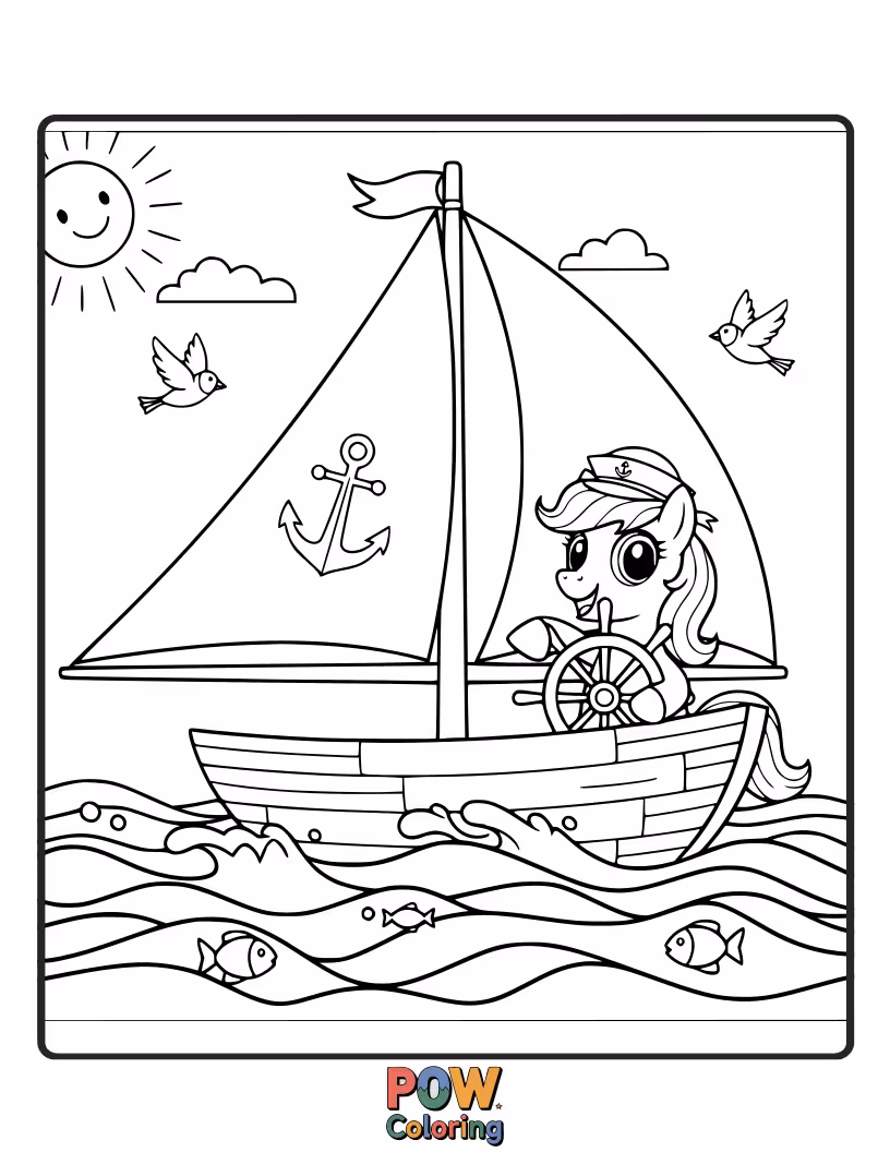 Free coloring page of A brave pony at the helm of a tiny sailboat, navigating choppy waves.