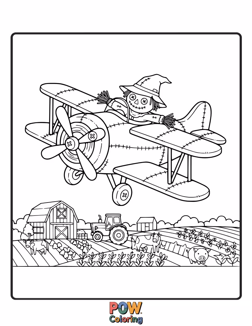 Free coloring page of A friendly scarecrow airplane in overalls, flying over a patchwork farm field with happy crows.