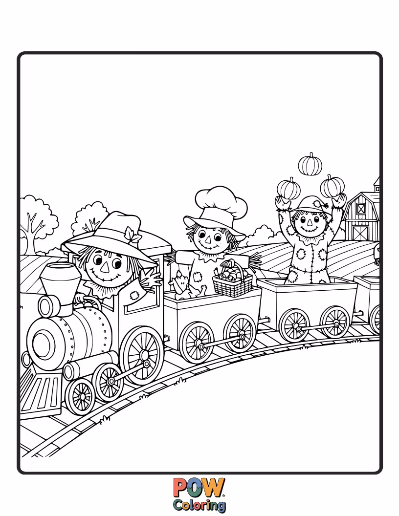 Free coloring page of A friendly scarecrow driving a train through a pumpkin patch. Perfect for autumnal colors and a touch of whimsy.