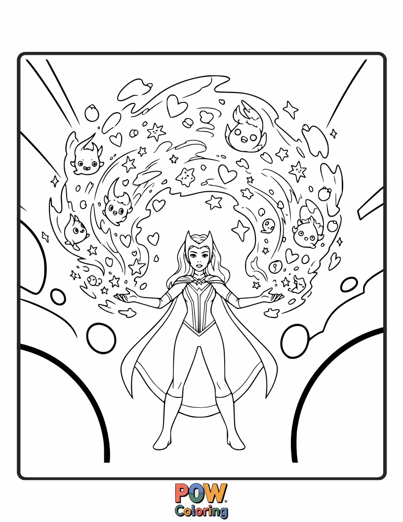 Free coloring page of Visualize Wanda Maximoff conjuring her powerful crimson energy. Use swirling patterns and glowing effects.