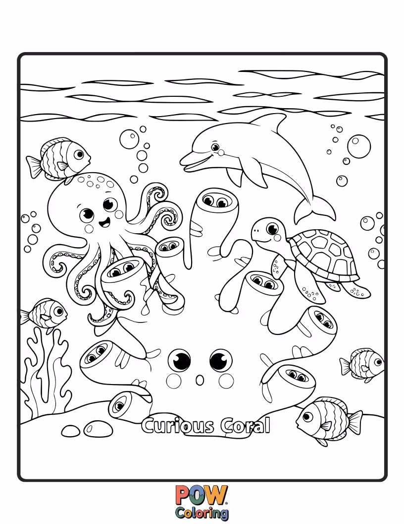 Free coloring page of A shy little fish peeking out from a vibrant, smiling coral formation.