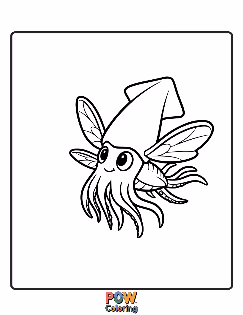 Free coloring page of A fantastical squid with playful wings, soaring through the ocean currents like a bird.