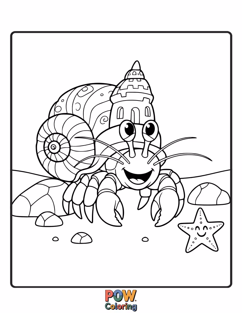 Free coloring page of A cheerful hermit crab proudly showing off its decorated shell, ready for a new home.