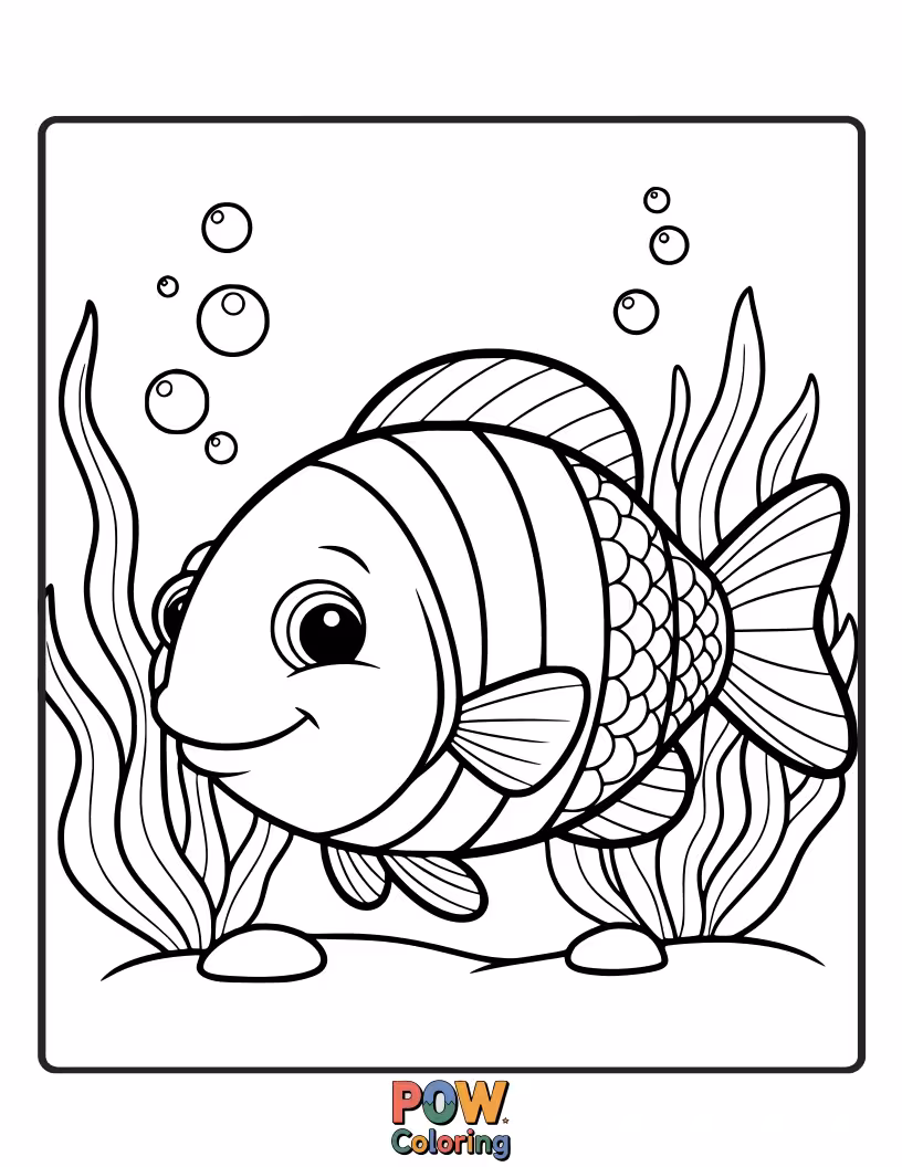 Free coloring page of A dazzling fish with scales of every color, swimming through vibrant coral reefs.