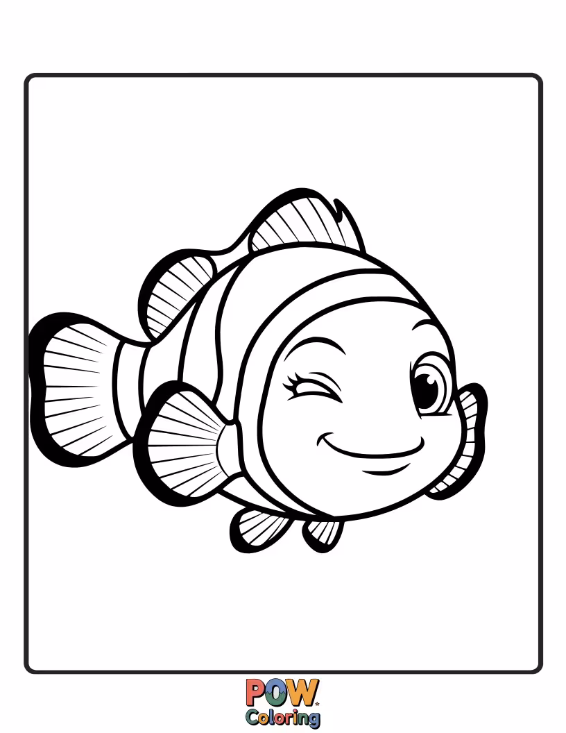 Free coloring page of A charming clownfish peeking out from its anemone home, giving a friendly wink.