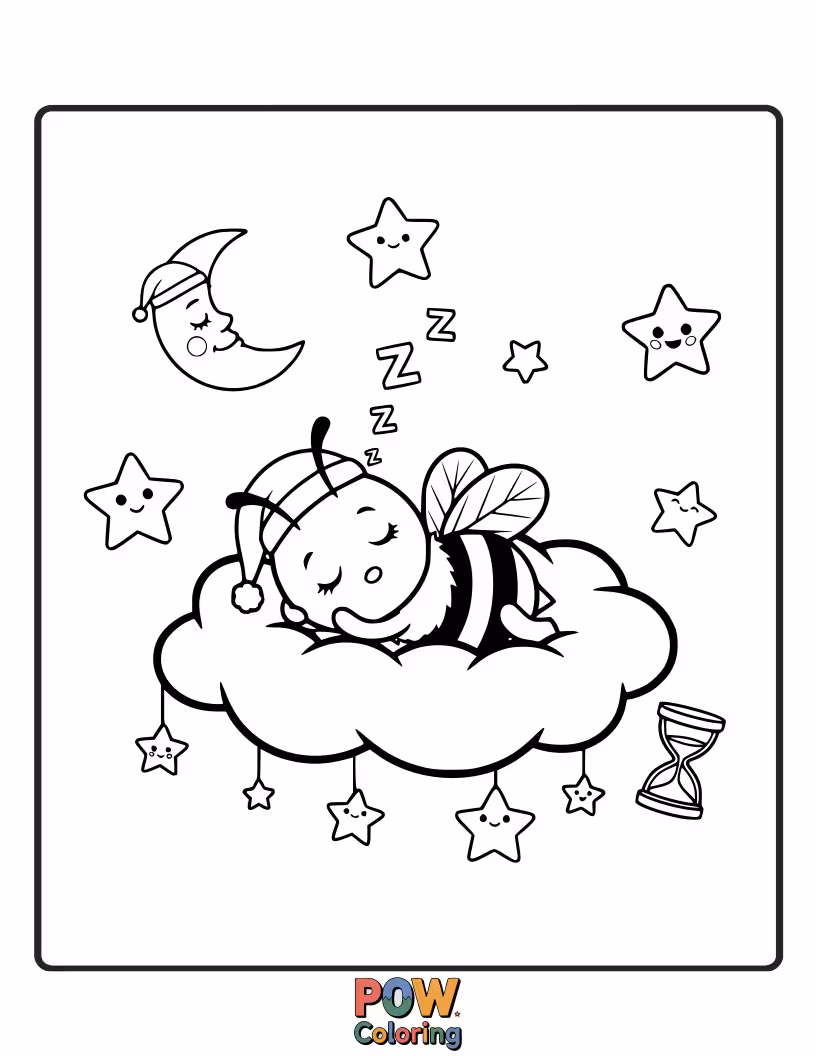 Free coloring page of A fluffy bee snuggled in a giant flower, dreaming of honey.