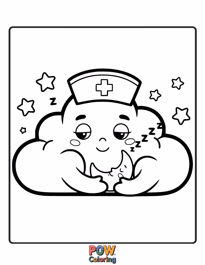 Free coloring page of A soft, fluffy cloud nurse gently administering sleepy-time medicine with a moon-shaped dropper for sweet dreams.