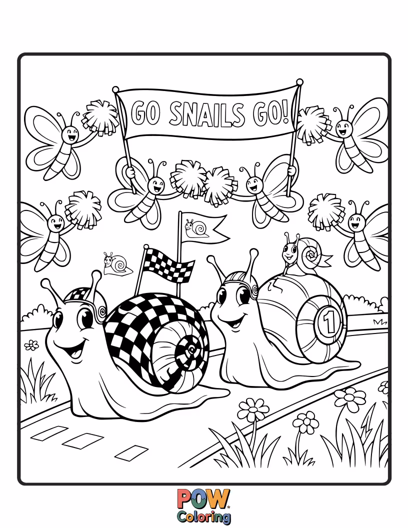Free coloring page of An enthusiastic butterfly with striped racing flag wings, cheering on tiny snails in a fun, slow-paced race.
