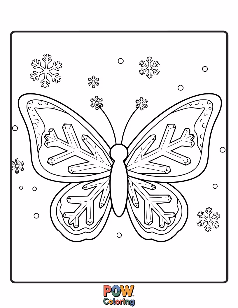 Free coloring page of A delicate butterfly with intricate snowflake wings, fluttering softly through a winter wonderland. Brrr, so pretty!