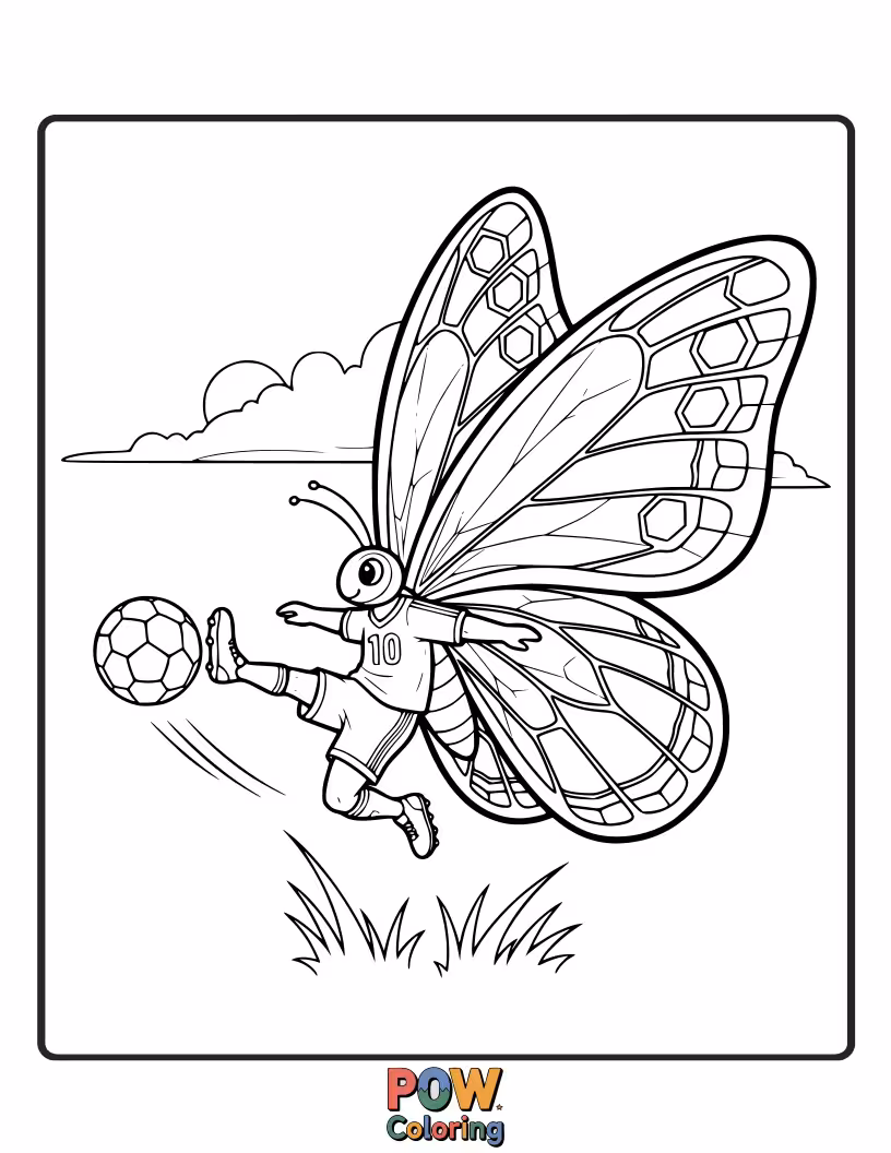 Free coloring page of A sporty butterfly with soccer ball wings, ready to make a winning kick during a thrilling game. Goal!