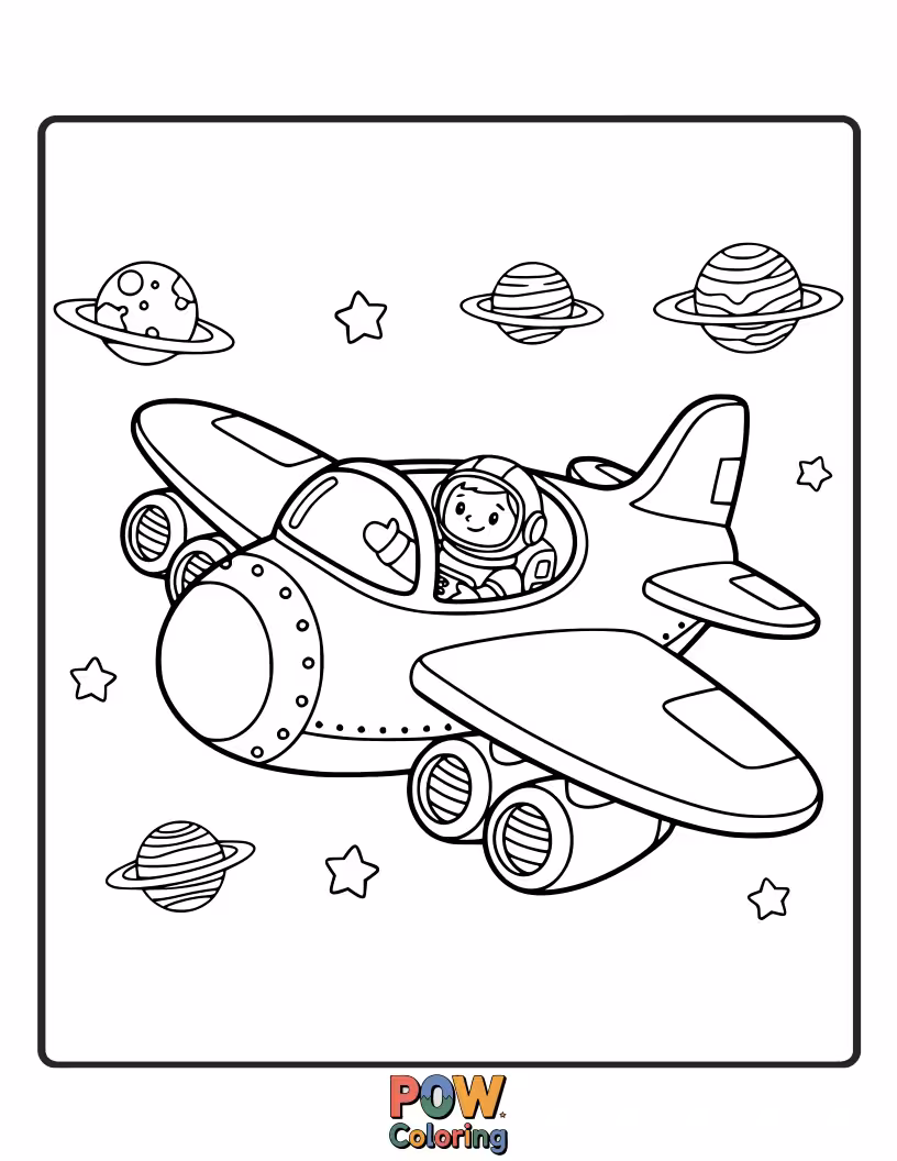 Free coloring page of An airplane with starry wings and a rocket booster zooms through outer space, past smiling planets and twinkling constellations.