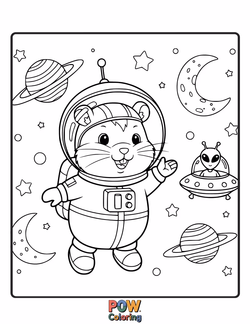 Free coloring page of A brave hamster in a tiny astronaut helmet, floating amongst stars and planets in outer space, holding a tiny rocket.