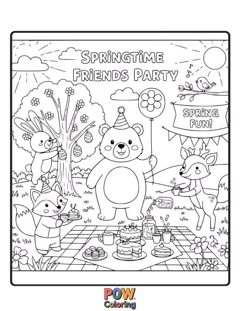 Free coloring page of Cute animals like a fox, squirrel, and deer celebrating Easter with decorated eggs.