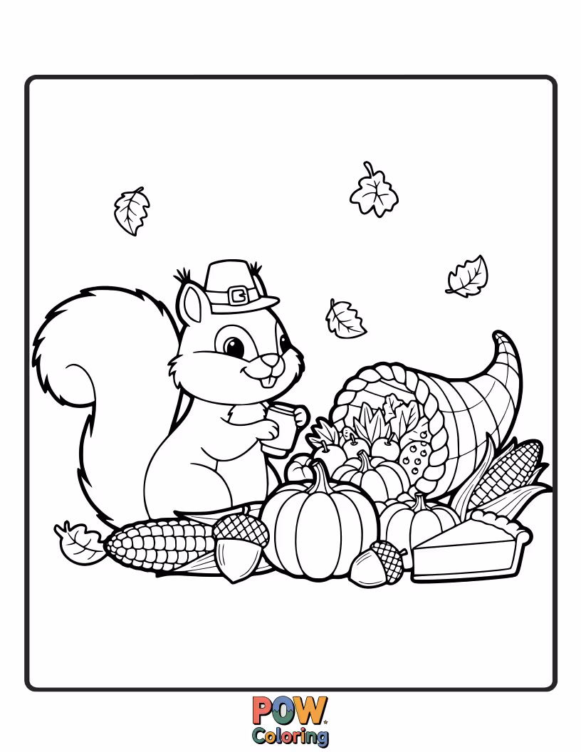 Free coloring page of A busy squirrel carefully arranges acorns and nuts into a cozy, festive Thanksgiving stash. Preparing for gratitude!