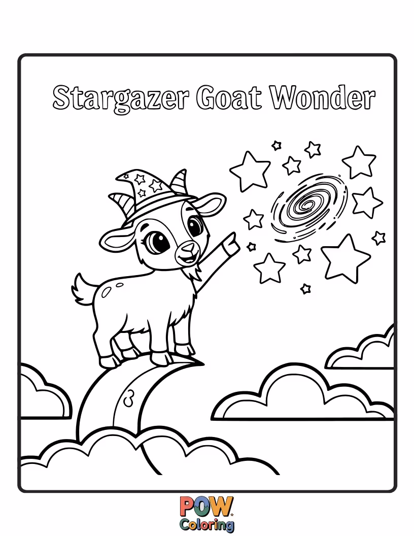 Free coloring page of A curious goat looking up at a vast night sky filled with constellations, nebulae, and shooting stars.