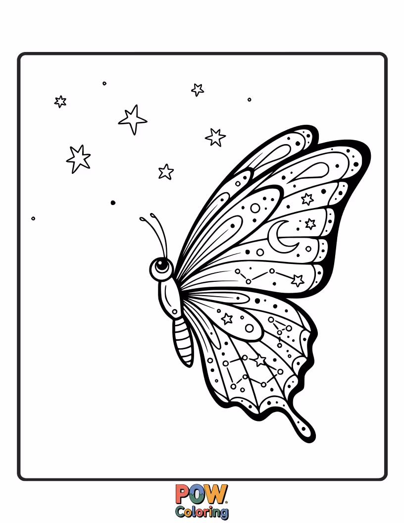 Free coloring page of A contemplative butterfly with star-dusted wings, gazing up at a magnificent, moonlit night sky. Celestial wonder.