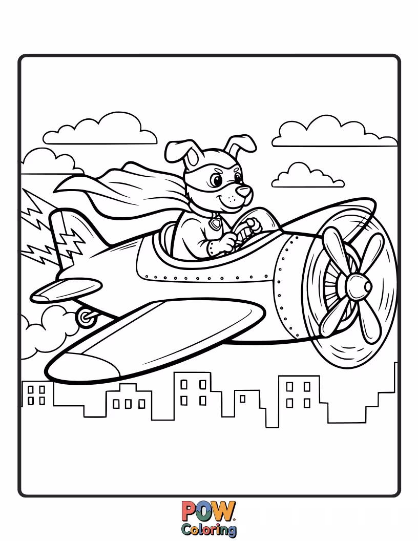 Free coloring page of A heroic dog wearing a cape, piloting a super-powered airplane to deliver treats and good cheer.