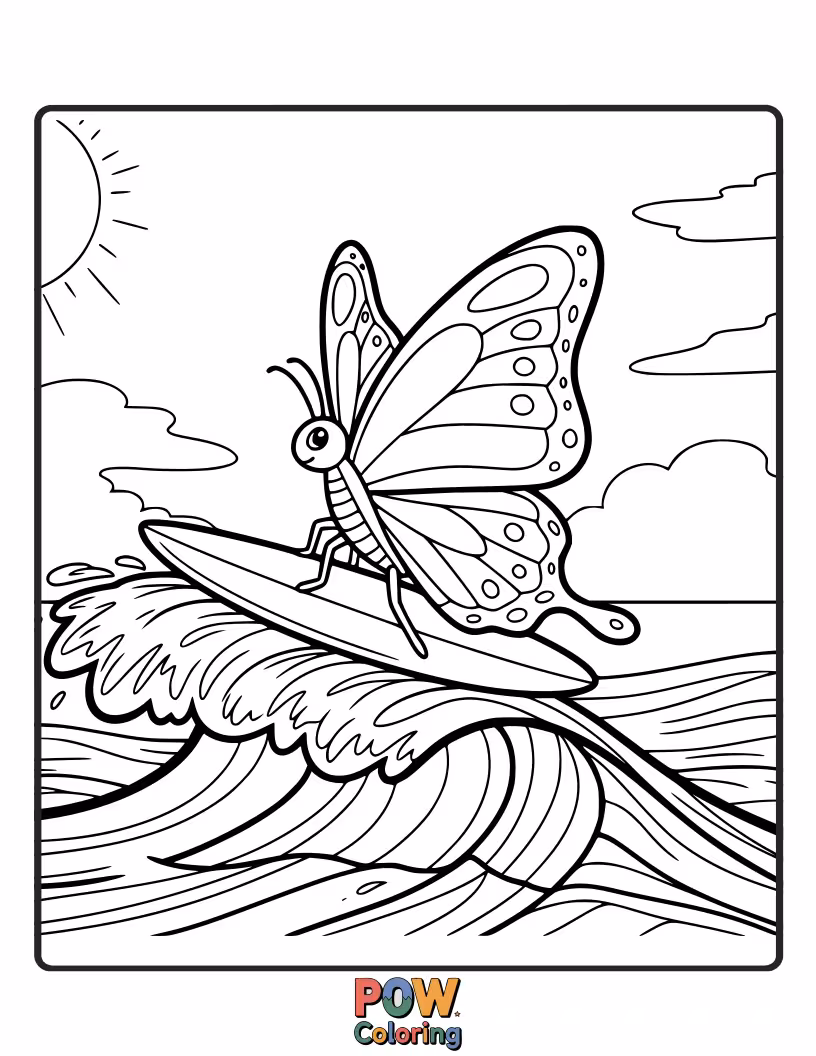 Free coloring page of A cool butterfly with surfboard wings, riding a giant, colorful wave with a triumphant expression. Totally radical!