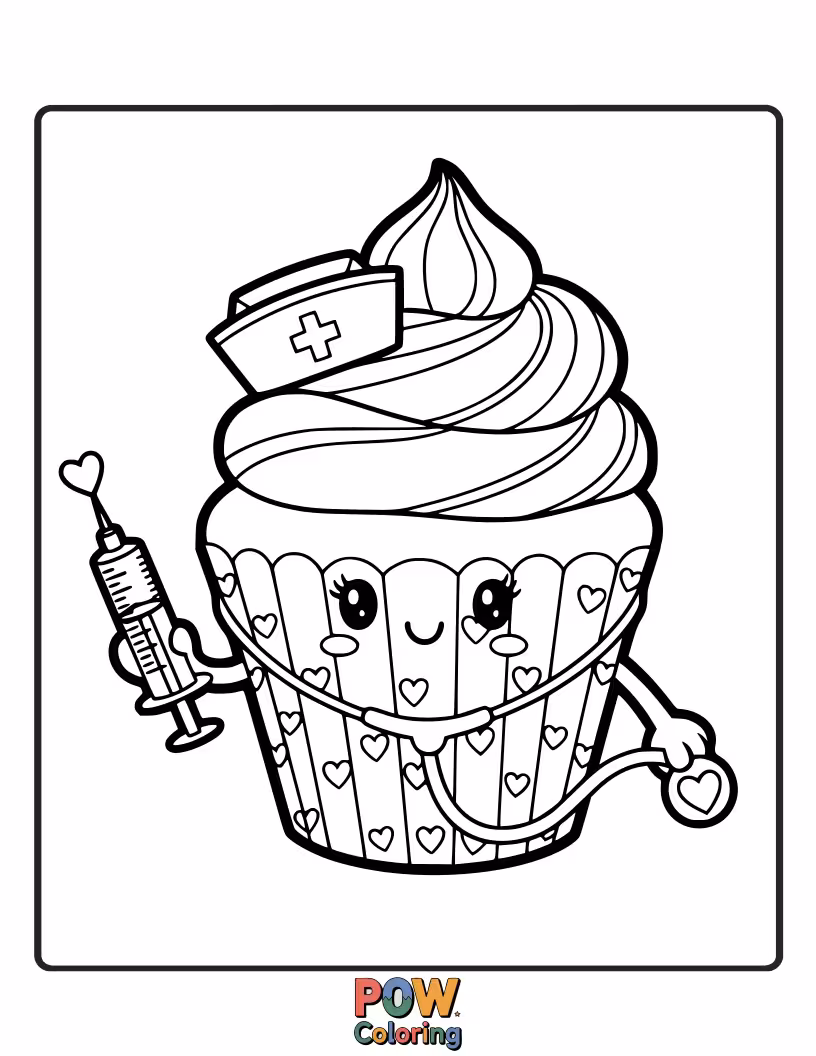 Free coloring page of A delightful nurse dressed as a cupcake, offering sweet comfort and a sprinkle of healthy cheer.