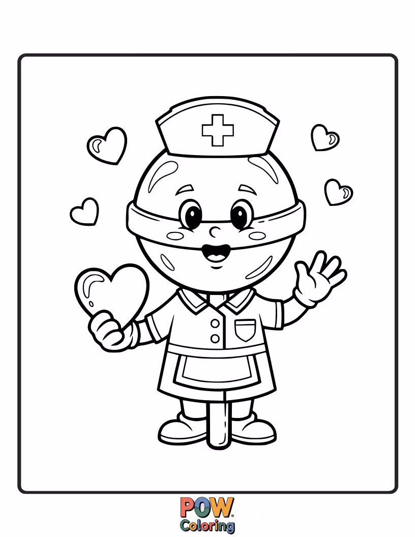 Free coloring page of A friendly nurse offering a giant lollipop bandage, making medicine time a delightful treat for all.