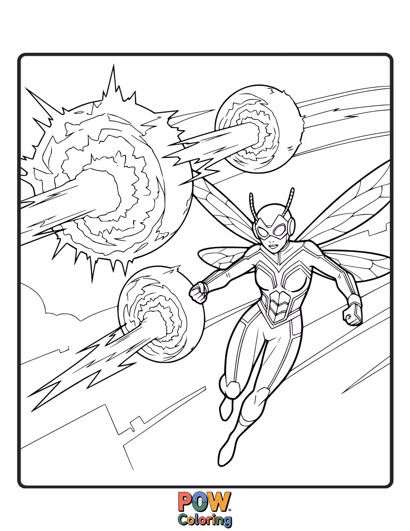 Free coloring page of Show The Wasp unleashing her bio-electric blasts, with vibrant, energetic patterns.