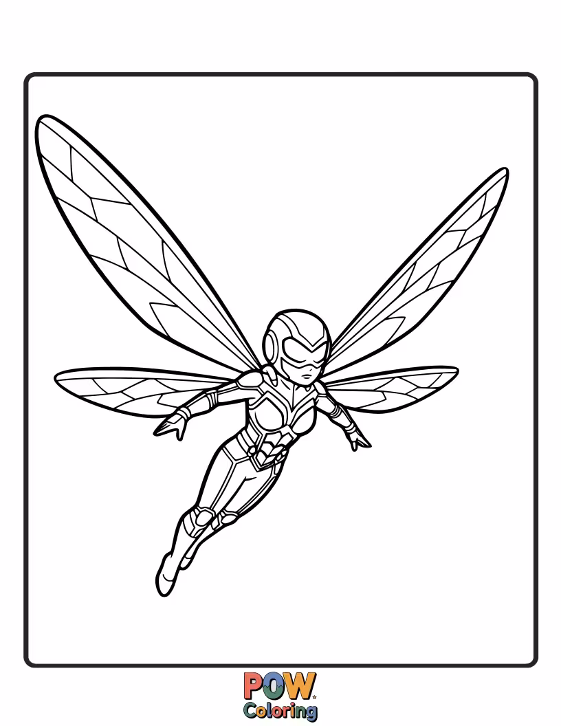 Free coloring page of Hope van Dyne as The Wasp, with detailed wings and her bio-blasting suit. Imagine vibrant colors!
