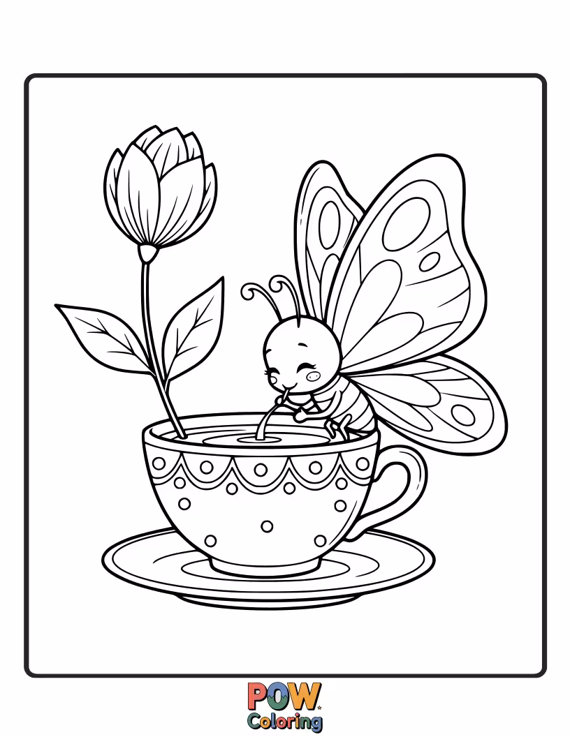Free coloring page of A delicate butterfly with teacup-shaped wings, enjoying a tiny sip of dew from a flower petal.
