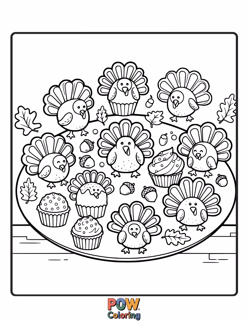 Free coloring page of A tiny, adorable turkey peeking out from behind a pile of delicious Thanksgiving goodies. So much to enjoy!