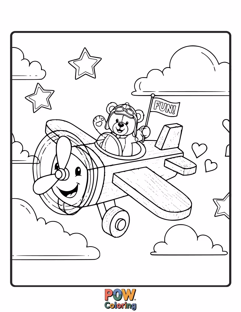 Free coloring page of A classic wooden toy airplane, ready for a colorful adventure across a child's imagination and bedroom floor.