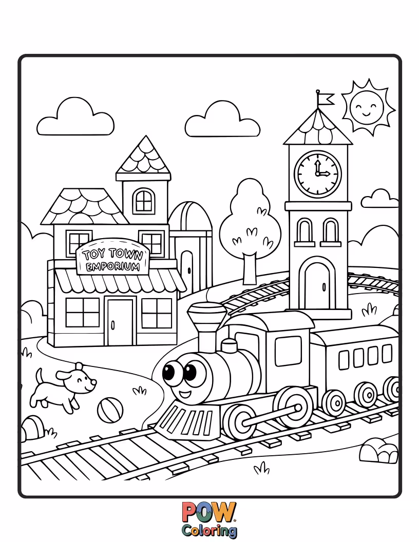 Free coloring page of A miniature train exploring a bustling town filled with giant toys. Imagine a child's playful world brought to life.