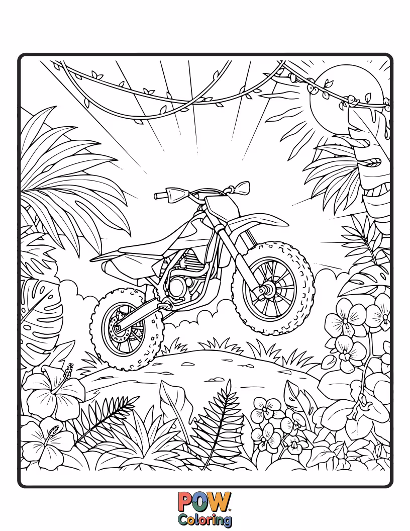 Free coloring page of A dirt bike tearing through a dense tropical jungle, with vibrant flowers, exotic birds, and hanging vines.